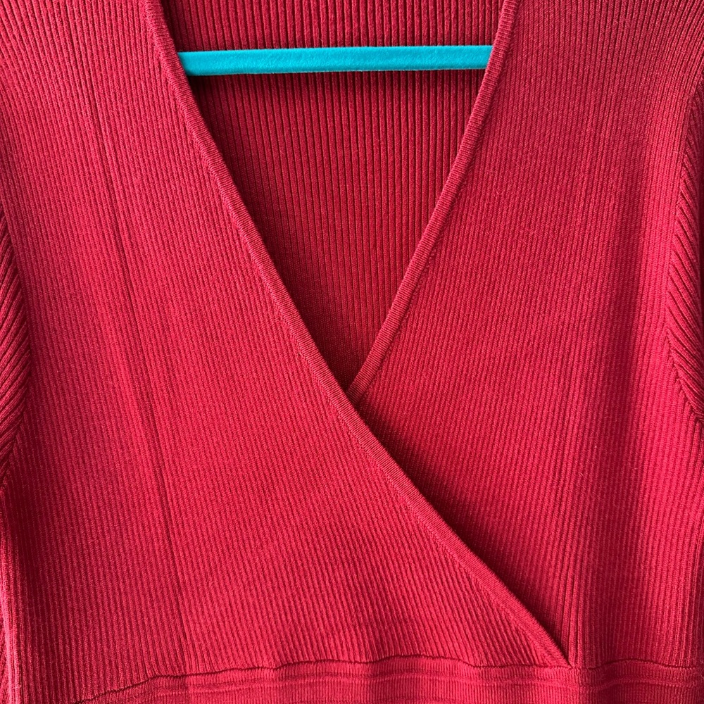 Red Ribbed Knit Wrap Flattering Midi Dress Fit & Flare XL - Picture 4 of 7